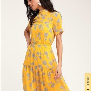 Mustard yellow floral print midi dress